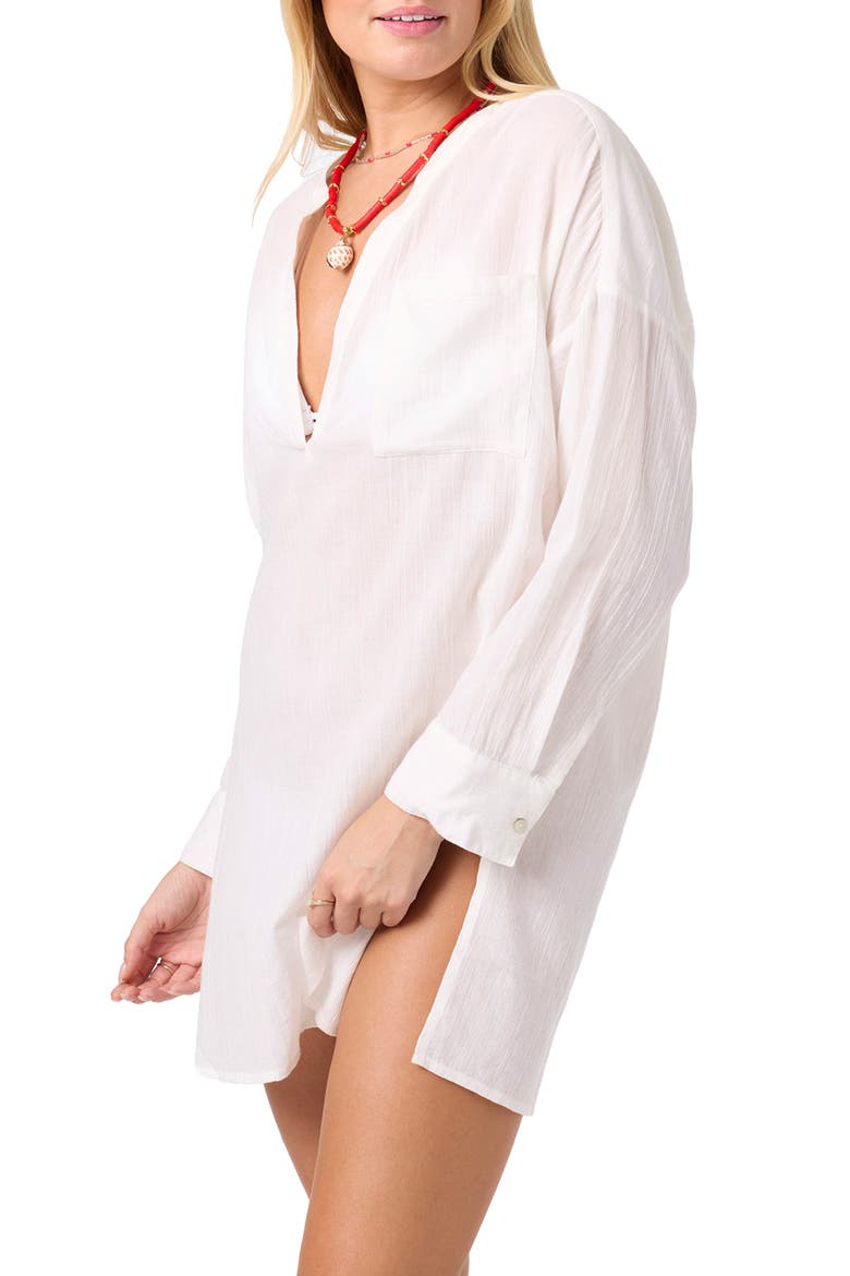 Belizin Long Sleeve Semisheer Cotton Cover-Up Tunic, Alternate, color, WHITE