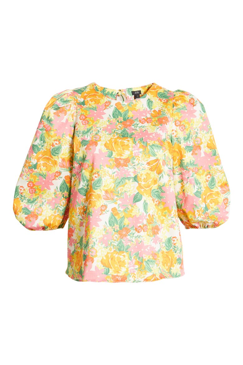 Floral Print Puff Sleeve Stretch Cotton Top, Alternate, color, ORANGE