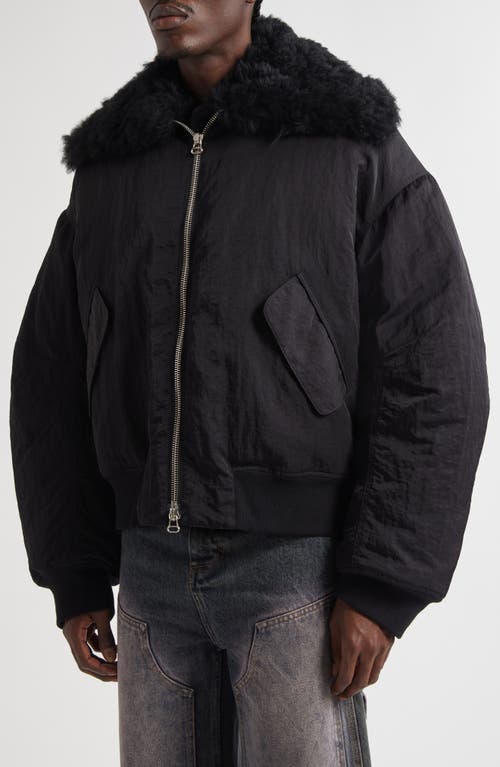 Eckhaus Latta Nylon Bomber Jacket With Genuine Shearling Collar In Black