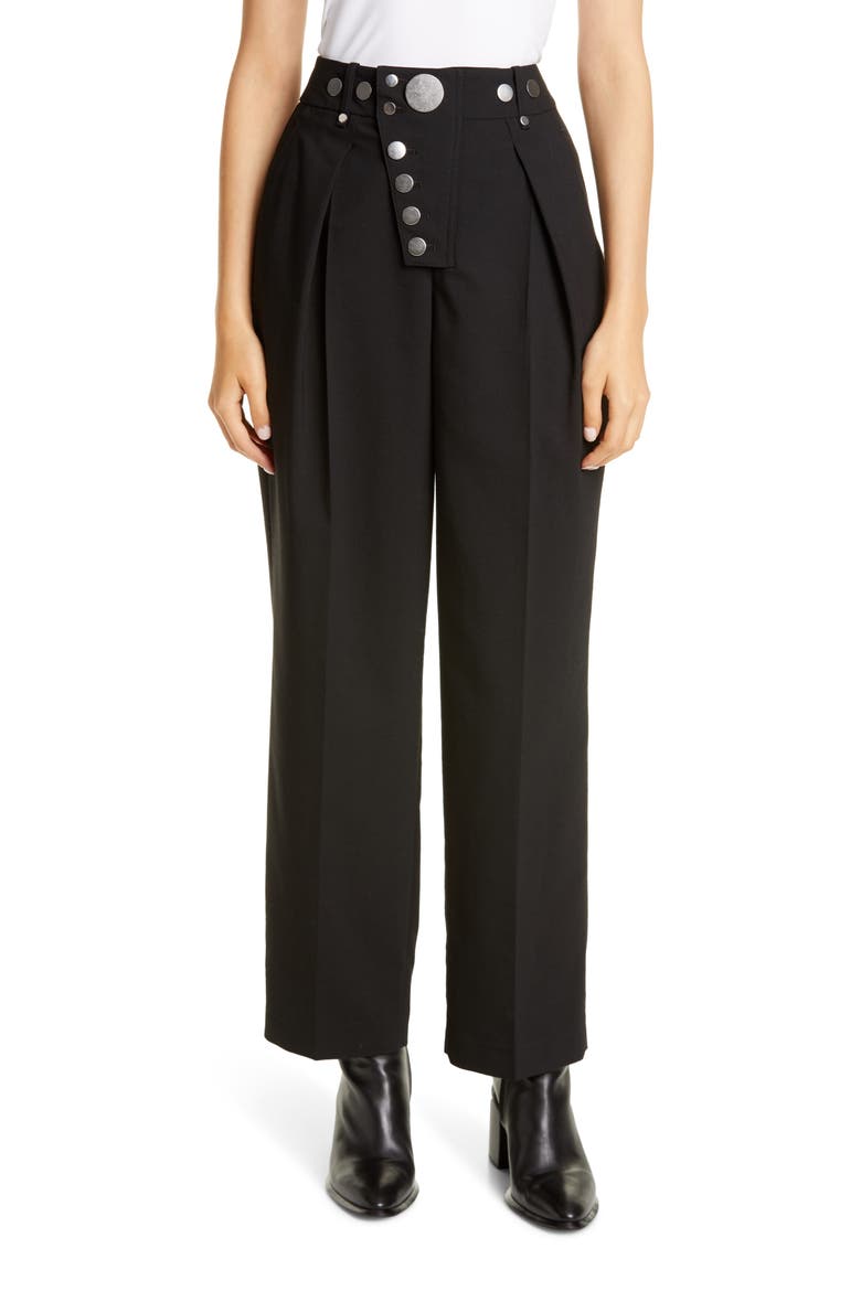 Button Detail Pleated Wide Leg Trousers, Main, color, BLACK