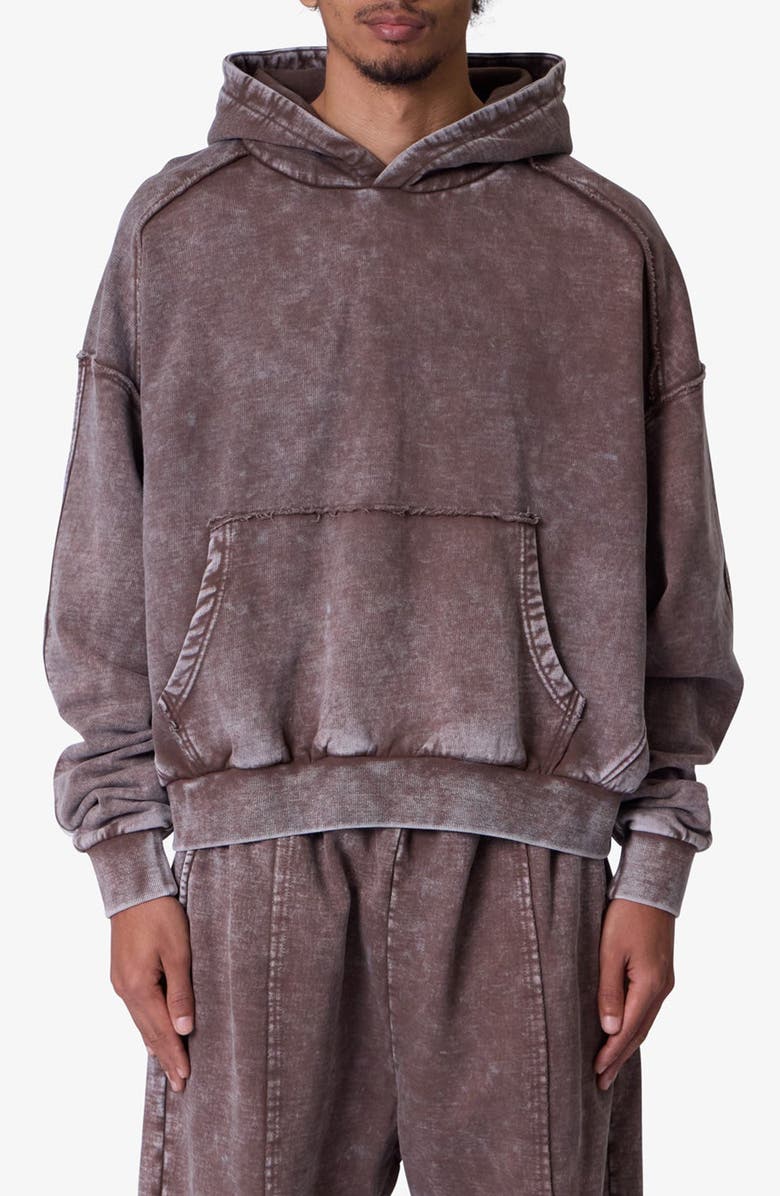 mnml Frayed Seam Acid Wash Cotton Fleece Hoodie, Main, color, Brown