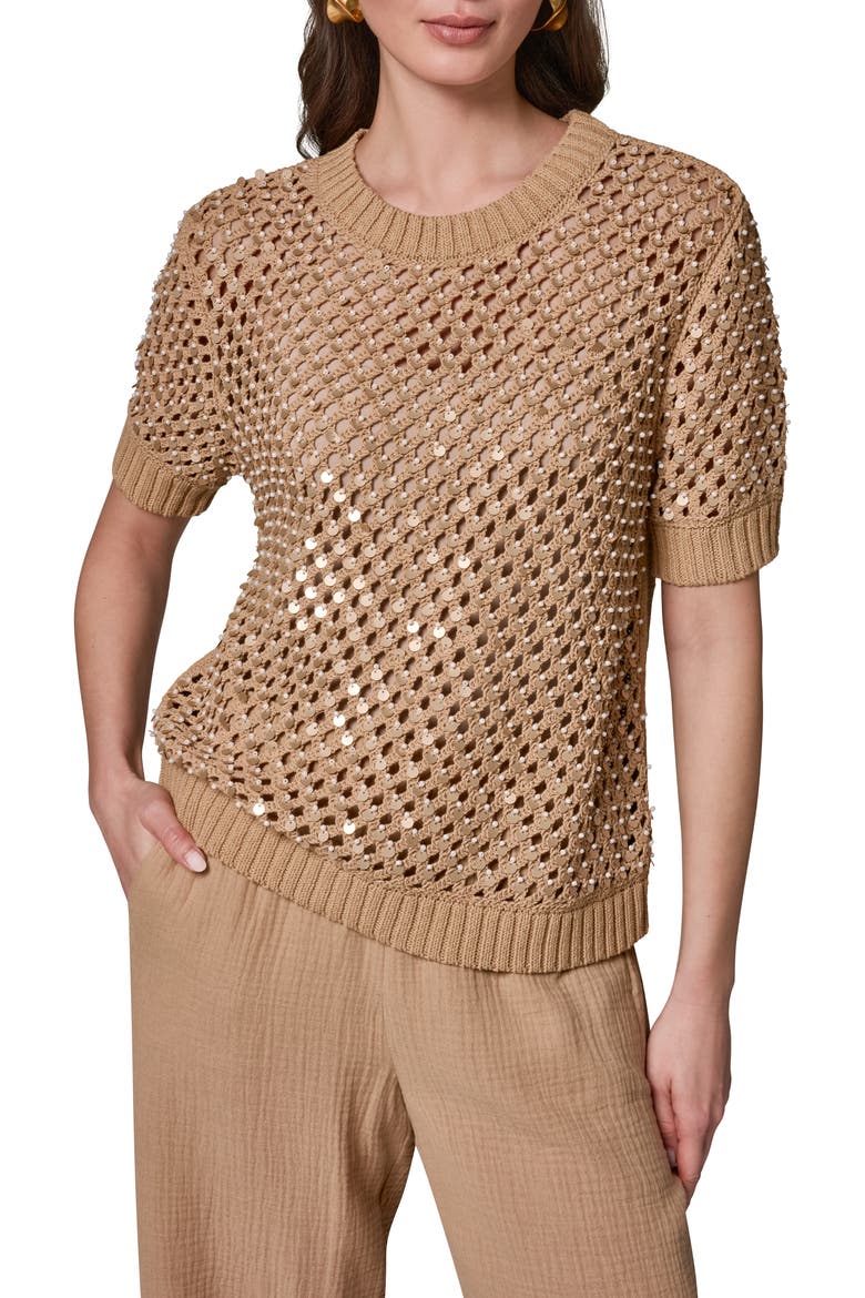 Pearl Detail Short Sleeve Sweater, Main, color, FAWN