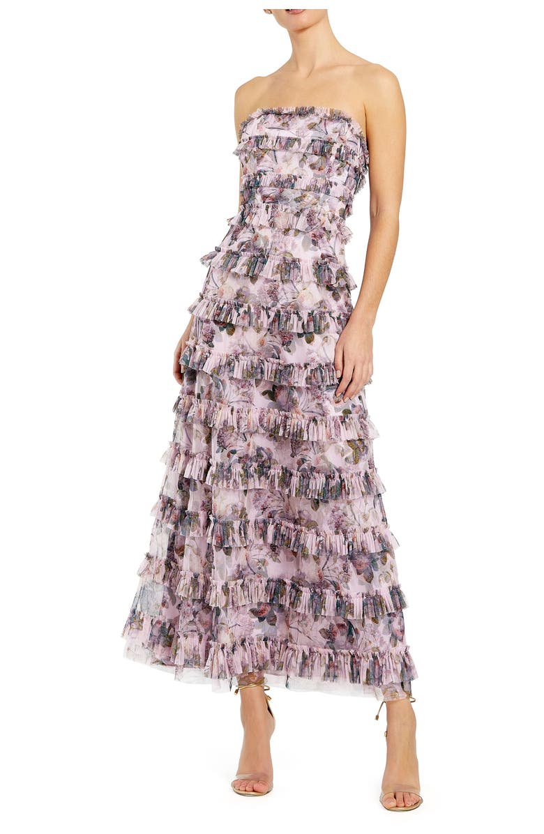 Mac Duggal Strapless Floral Micro Ruffle Dress, Main, color, Purple Multi