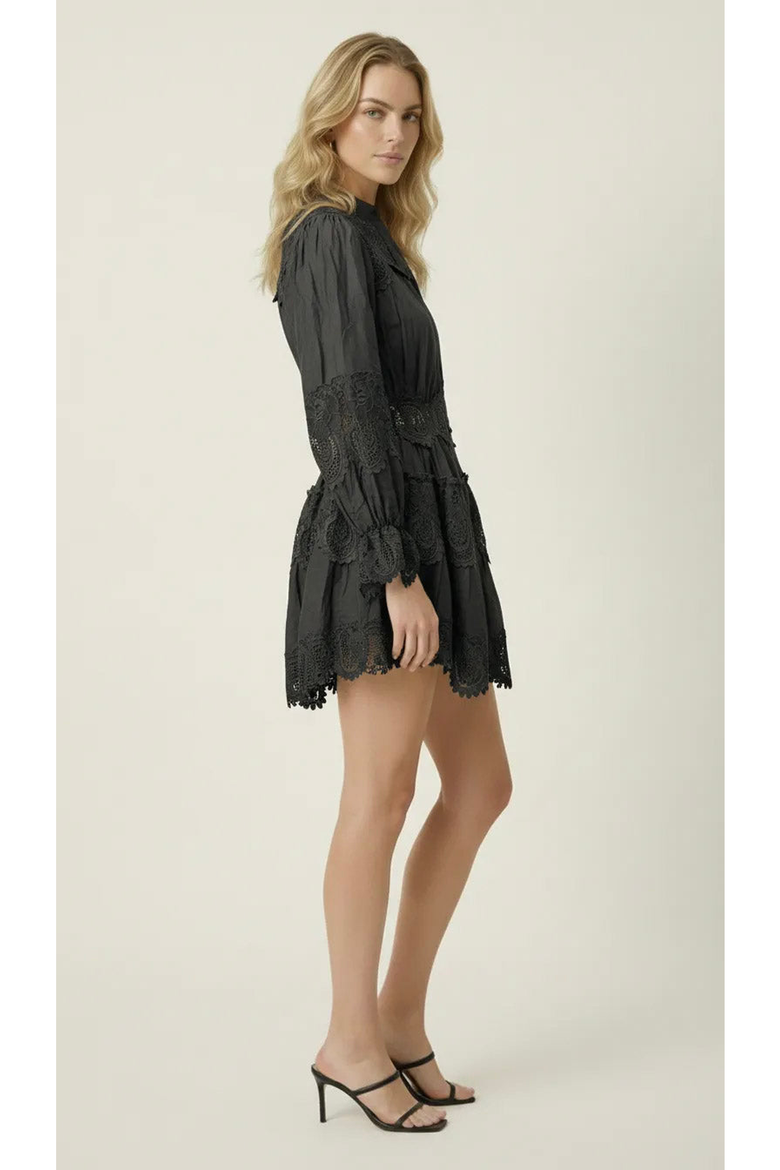 Lace Trim Button Front Mini Dress, Alternate, color, Charcoal Grey