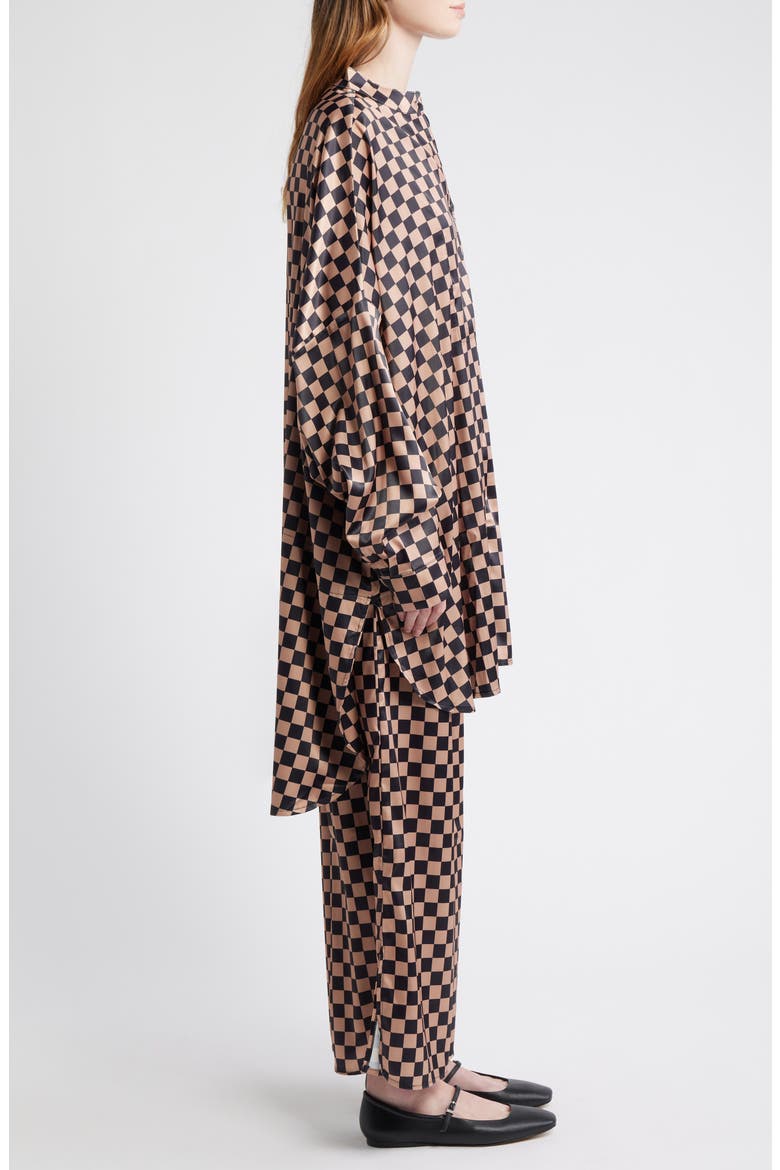 Iced Coffee Checkerboard Button-Up Satin Shirt & Pants Set, Alternate, color, ICED COFFEE