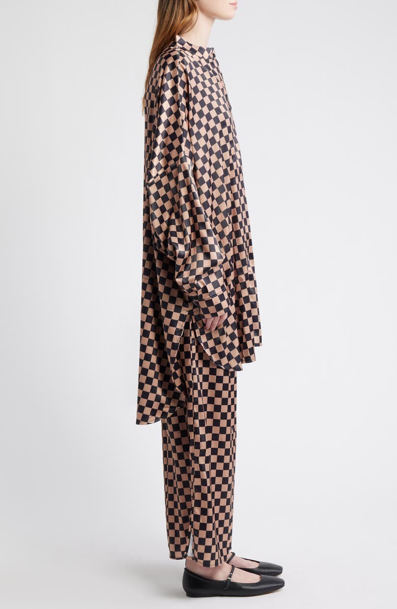 Dressed in Lala Iced Coffee Checkerboard Button-Up Satin Shirt & Pants Set, Alternate, color, Iced Coffee