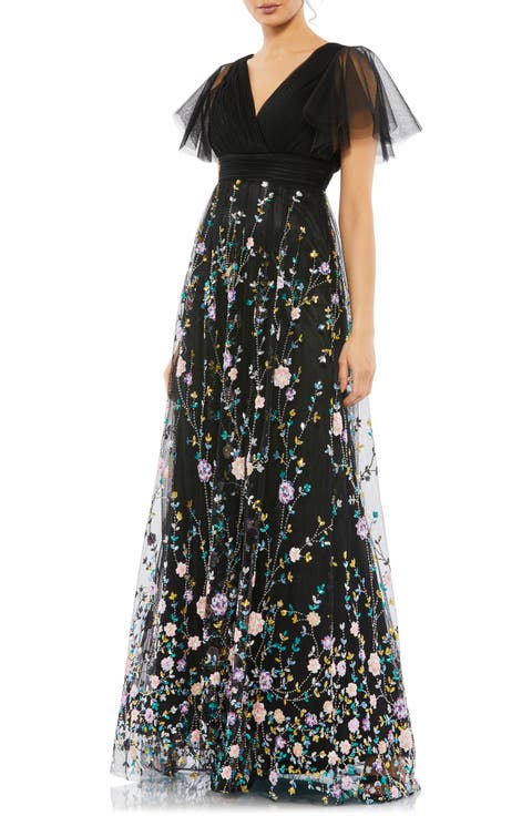 Embellished Illusion Butterfly Sleeve V Neck Gown