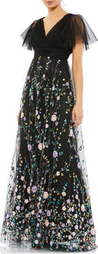 Mac Duggal Embellished Illusion Butterfly Sleeve V Neck Gown