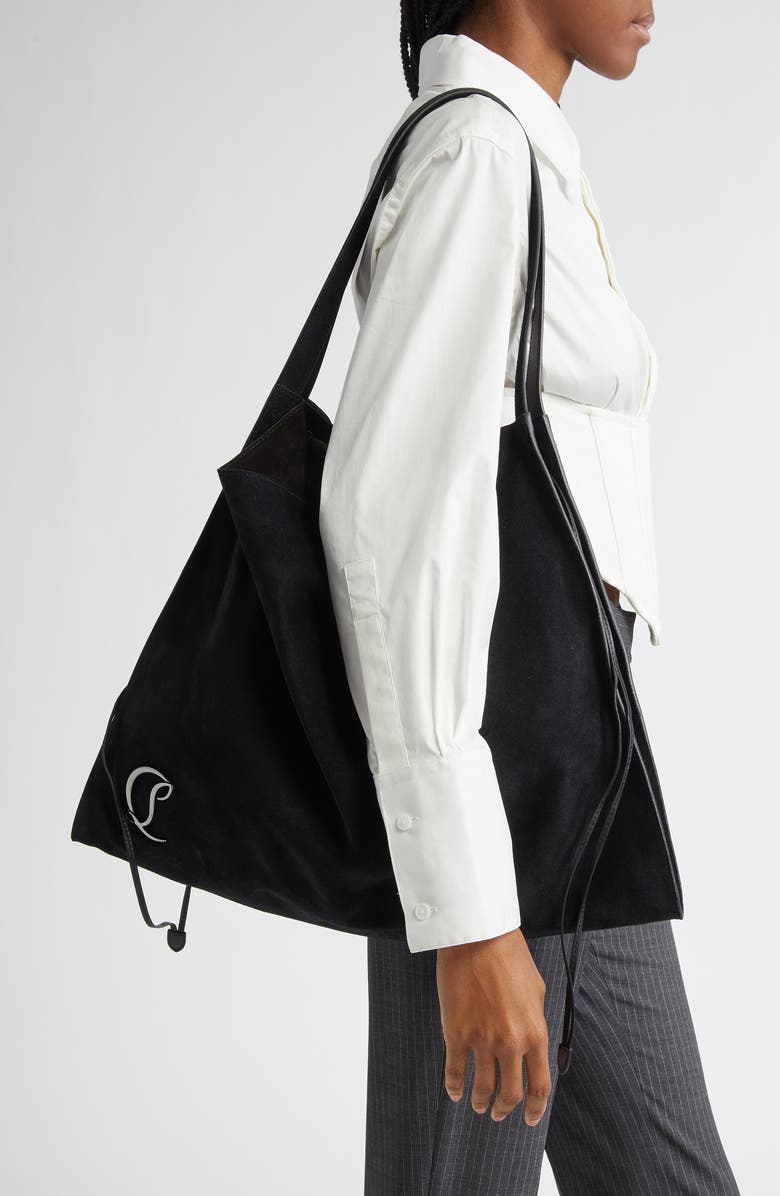 Christian Louboutin Le 54 Suede Drawstring Tote, Alternate, color, B329 Black/ Black/ Gun Metal