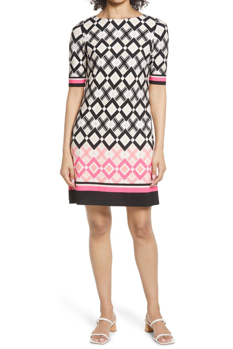 Geo Print Sheath Dress, Main, color, BLACK/ PINK