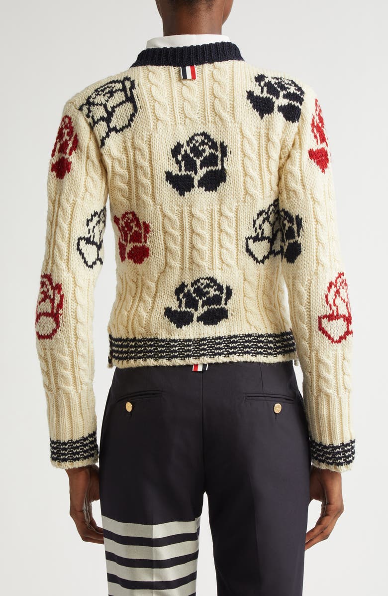 Thom Browne Rose Intarsia Cable Knit Wool & Mohair Cardigan, Alternate, color,