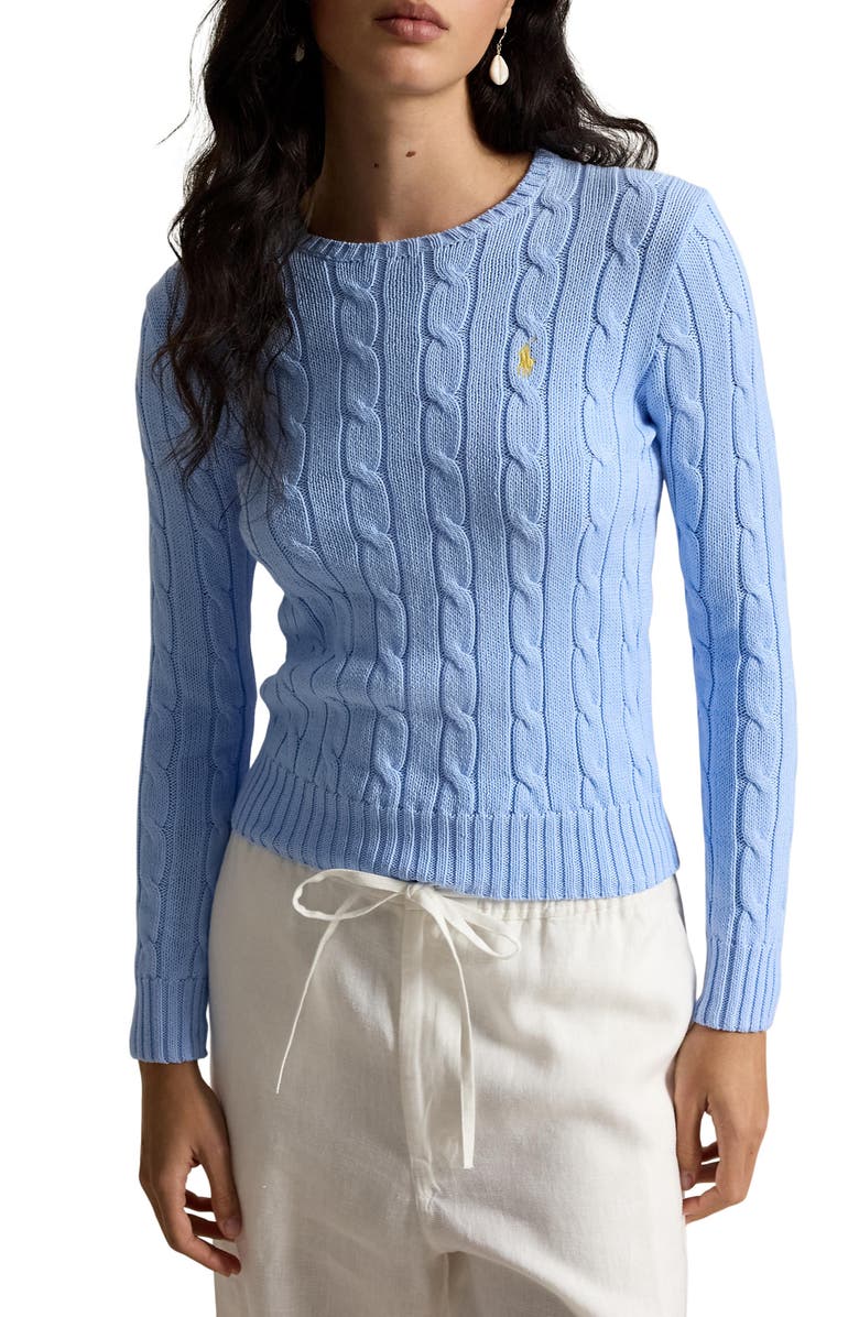 Polo Ralph Lauren Cable Stitch Cotton Crewneck Sweater, Main, color, Baby Blue