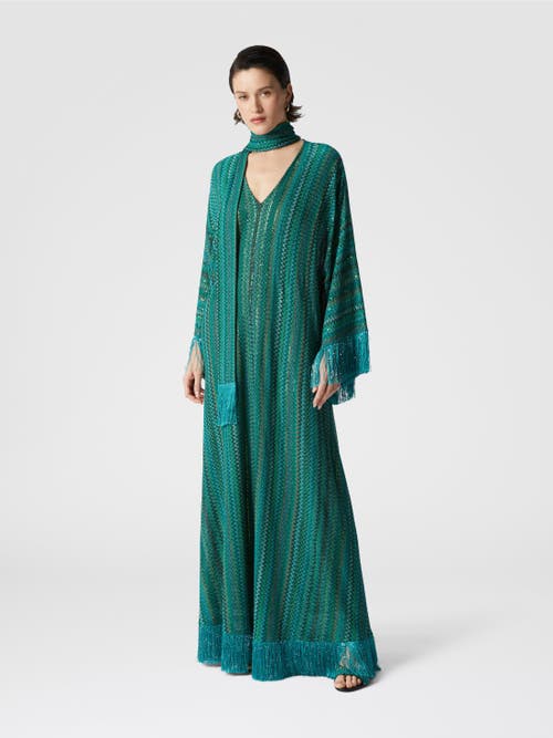 MISSONI MISSONI ZIGZAG KAFTAN WITH SEQUINS AND V-NECK AND REMOVABLE SCARF WITH FRINGES 