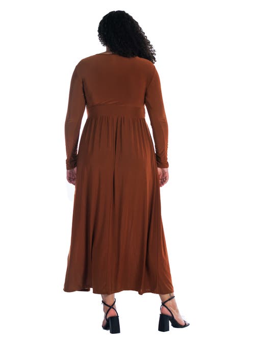 24seven Comfort Apparel Plus Size Long Sleeve V-neck Maxi Dress In Brown