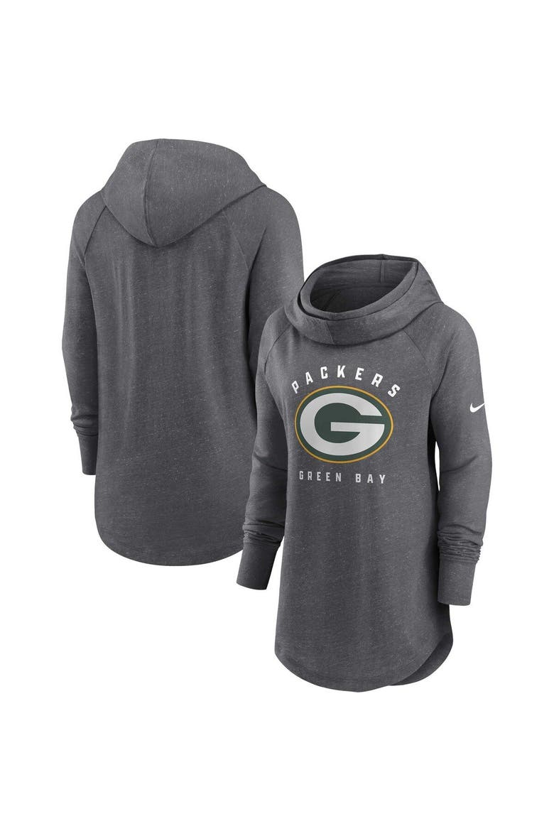 Women's Nike Heather Charcoal Green Bay Packers Raglan Funnel Neck Pullover Hoodie, Main, color, Heather Charcoal