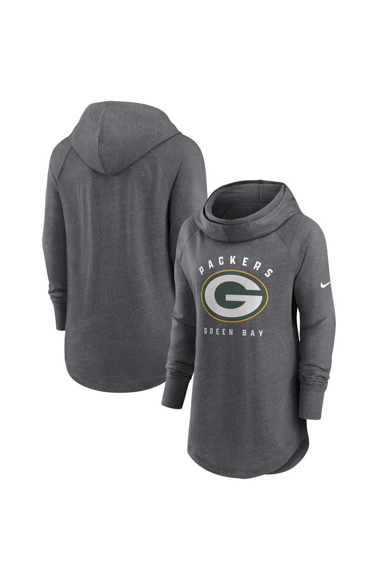 Nike Women's Nike Heather Charcoal Green Bay Packers Raglan Funnel Neck Pullover Hoodie, Main, color, Heather Charcoal
