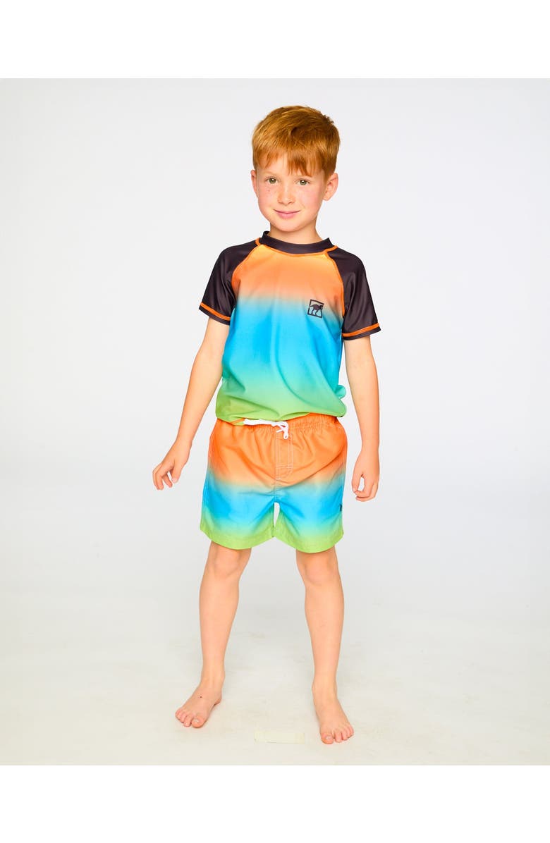 Deux par Deux Mid Thigh Elastic Waist Gradient Boardshorts, Alternate, color, Orange, Blue & Green Gradient
