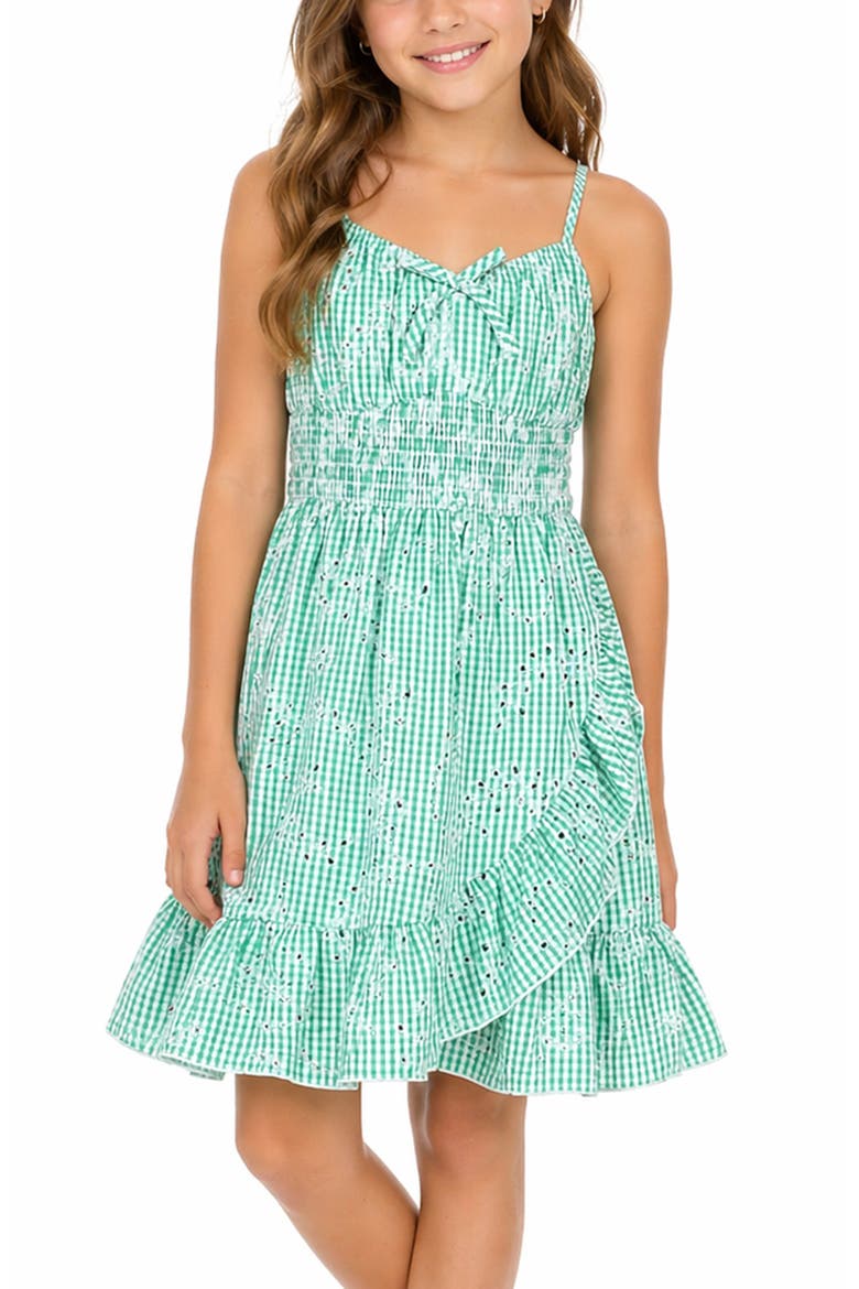 Kids' Eyelet Gingham Faux Wrap Dress, Alternate, color, GREEN/ WHITE