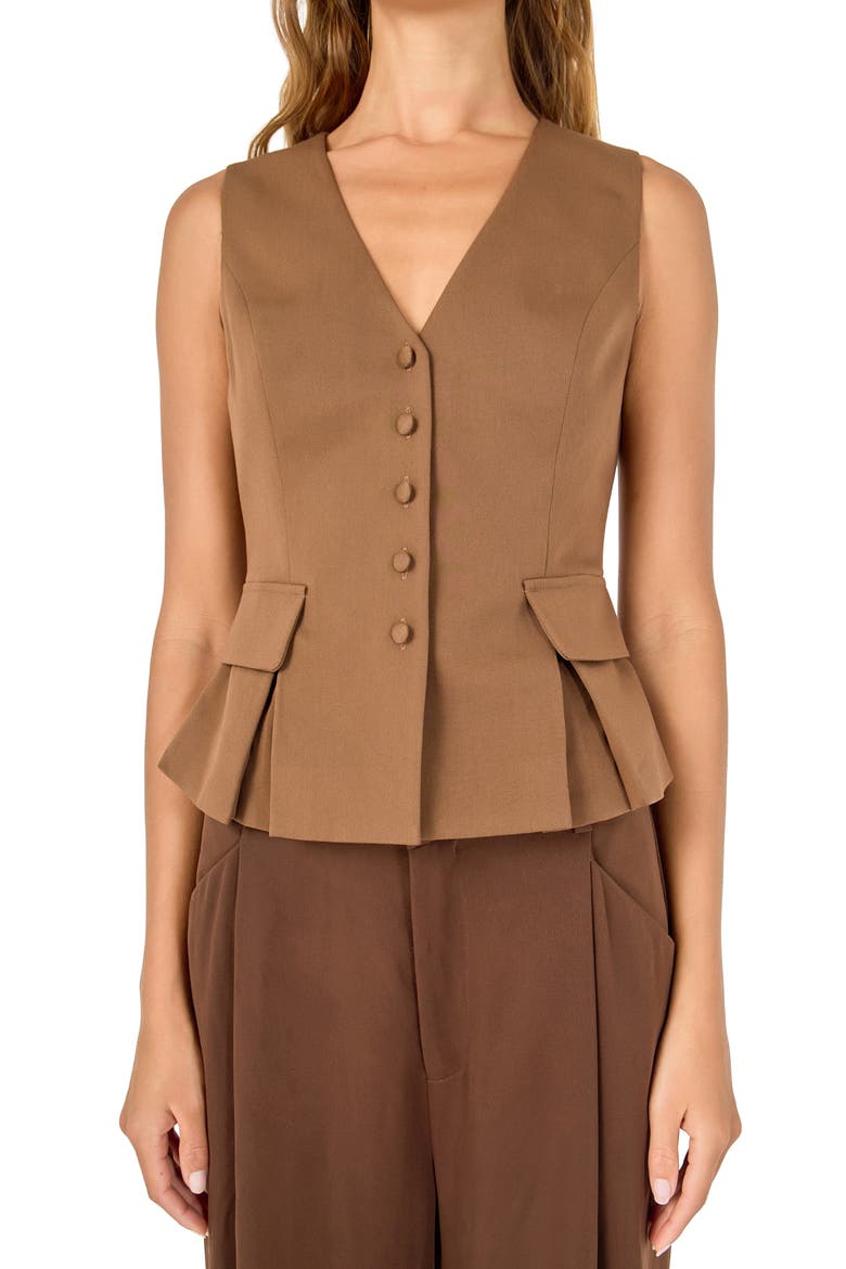 Button Detail Sleeveless Peplum Top, Alternate, color, BROWN