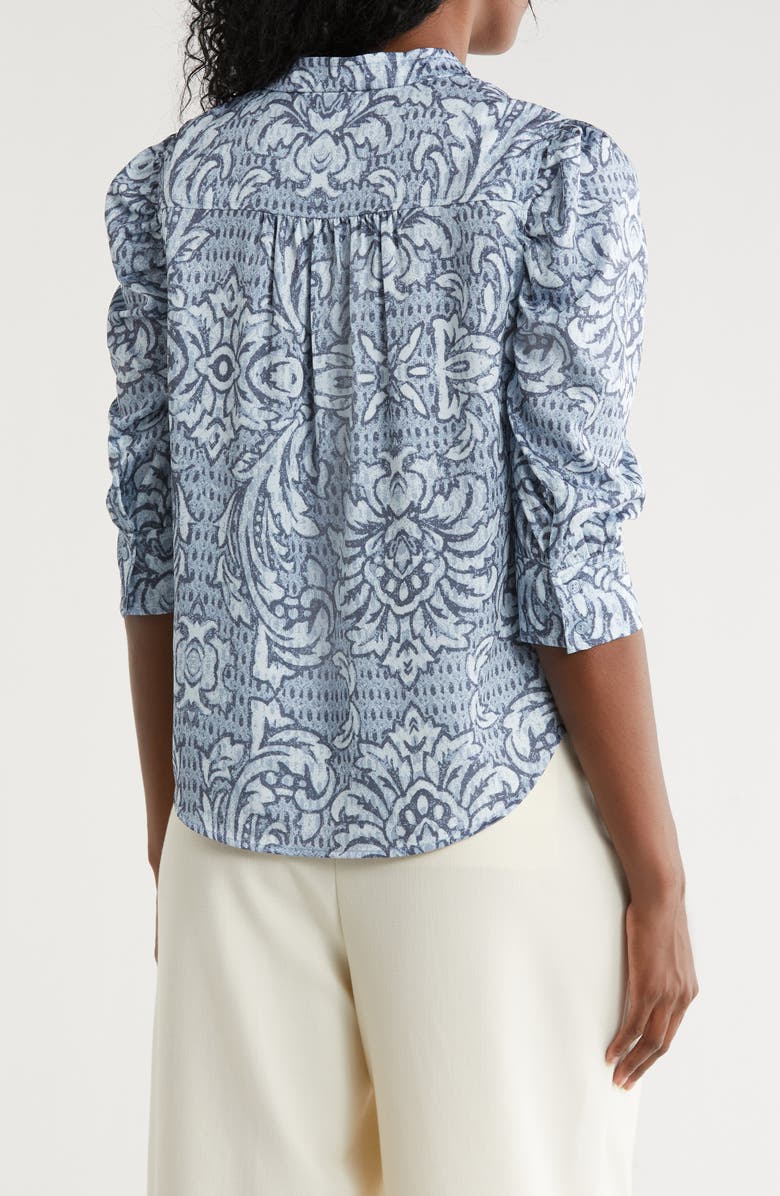 T Tahari Ruched Split Neck Top, Alternate, color, Abstract Scroll