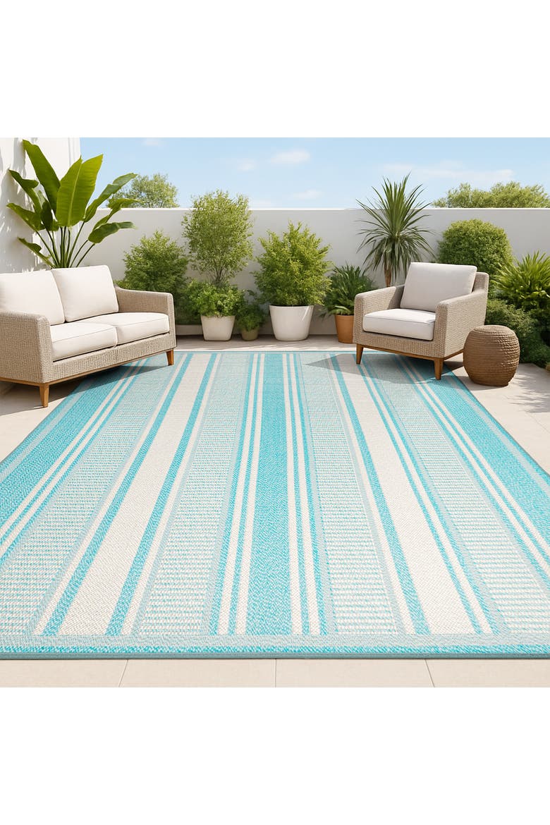 Haynes Modern Double Stripe Indoor/Outdoor Area Rug, Alternate, color, Aqua/Beige