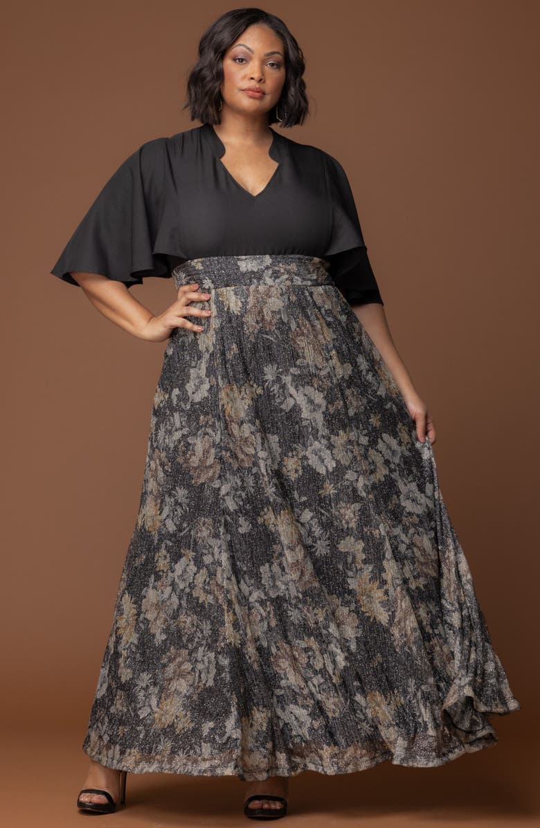 Kiyonna Avisa Flutter Sleeve Maxi Dress, Alternate, color, Gilded Florals