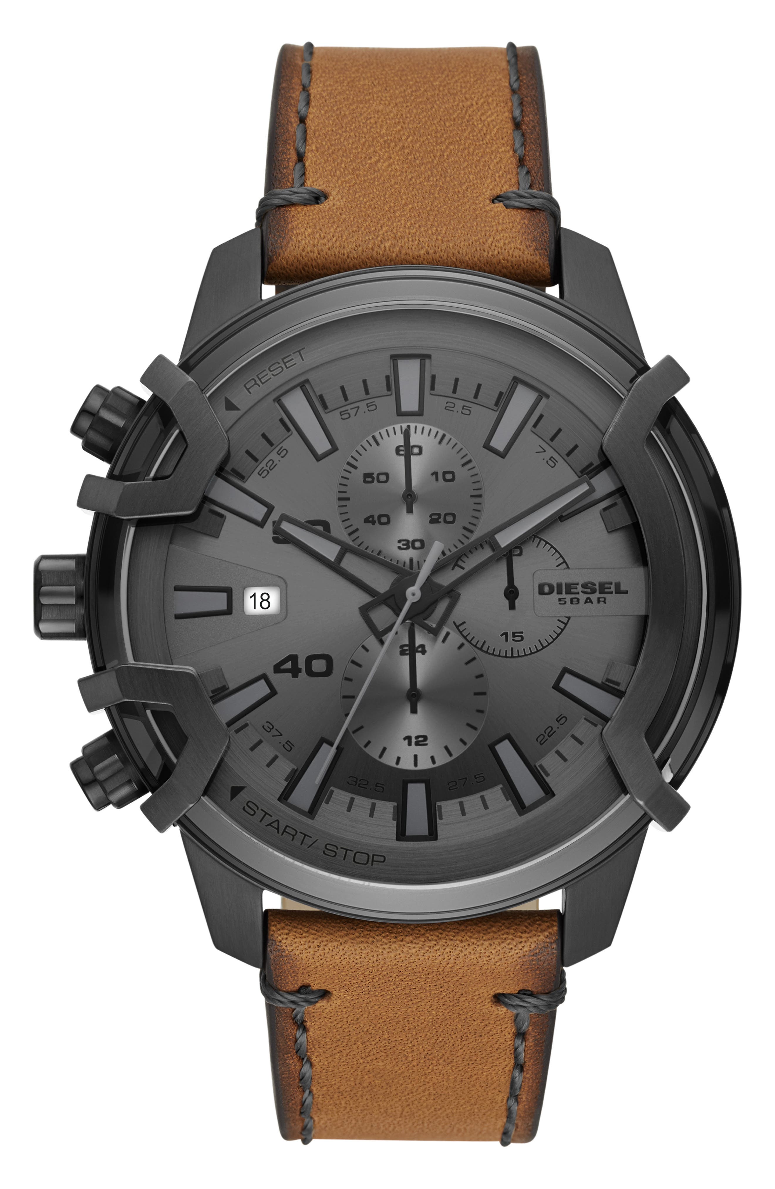 DIESEL® Griffed Chronograph Quartz Leather Strap Watch, 48mm