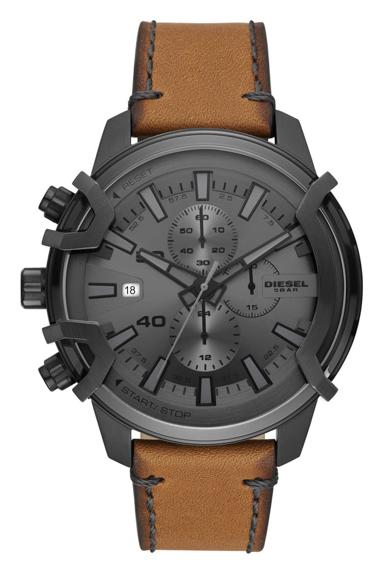 Griffed Chronograph Quartz Leather Strap Watch, 48mm, Main, color, GUNMETAL