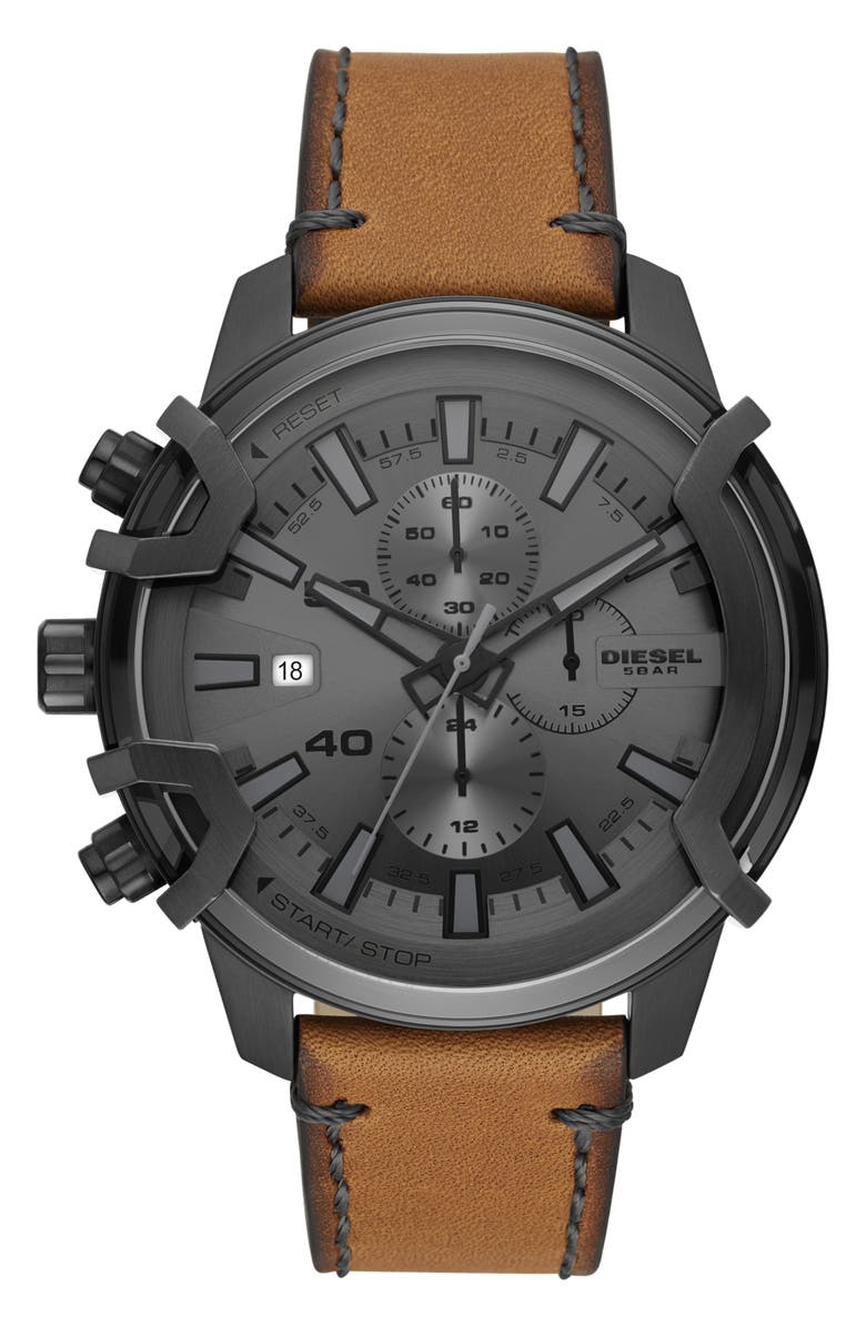 DIESEL<sup>®</sup> Griffed Chronograph Quartz Leather Strap Watch, 48mm, Main, color, Gunmetal