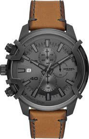 DIESEL® Griffed Chronograph Quartz Leather Strap Watch, 48mm