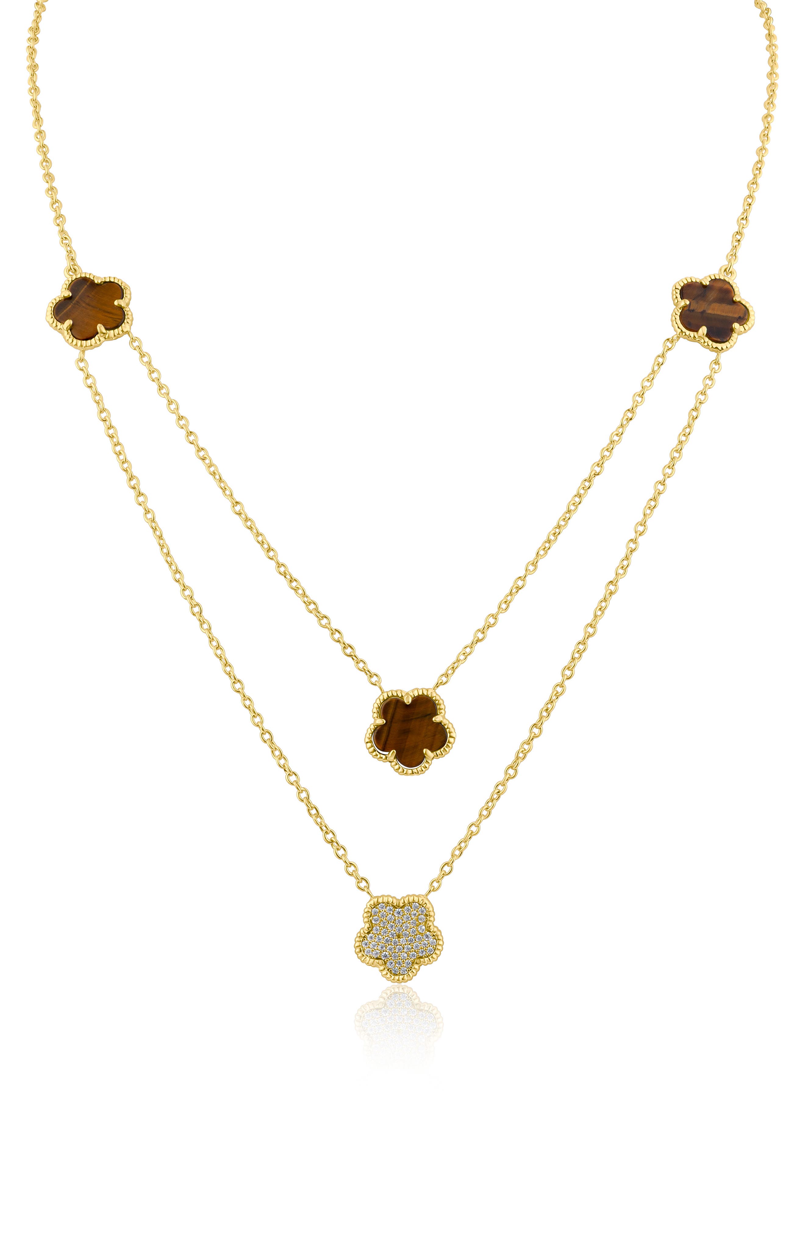 CZ by Kenneth Jay Lane Cubic Zirconia & Faux Tiger's Eye Double Layered Clover Station Necklace