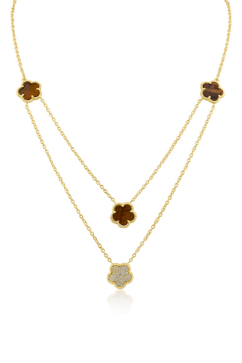 Cubic Zirconia & Faux Tiger's Eye Double Layered Clover Station Necklace, Main, color, TIGER EYE/ GOLD