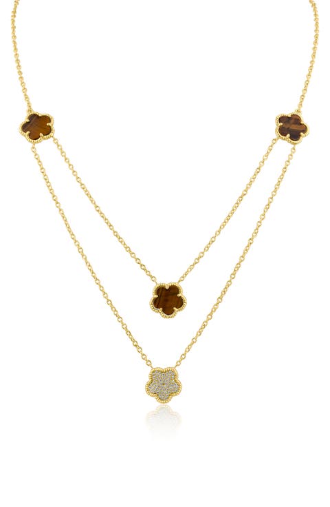 Cubic Zirconia & Faux Tiger's Eye Double Layered Clover Station Necklace
