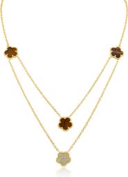 CZ by Kenneth Jay Lane Cubic Zirconia & Faux Tiger's Eye Double Layered Clover Station Necklace