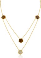 CZ by Kenneth Jay Lane Cubic Zirconia & Faux Tiger's Eye Double Layered Clover Station Necklace