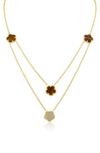 Cz By Kenneth Jay Lane Cubic Zirconia & Faux Tiger's Eye Double Layered Clover Station Necklace In Gold