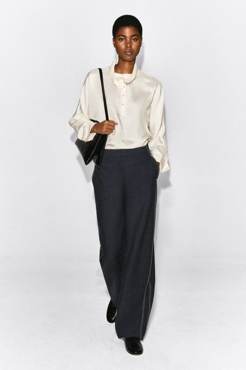 Topstitched Barrel-Leg Pants