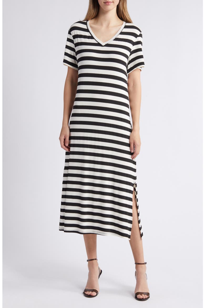 Lydia Stripe Midi T-Shirt Dress, Main, color, BLACK/ WHITE