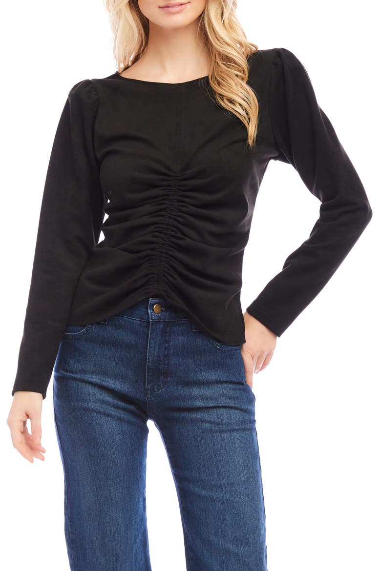 Faux Suede Shirred Long Sleeve Top, Main, color, BLACK