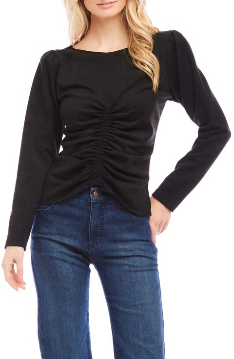 Faux Suede Shirred Long Sleeve Top