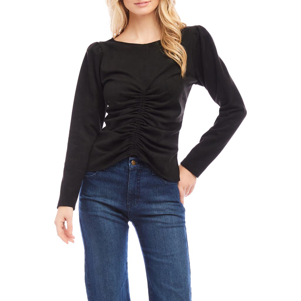 Karen Kane Faux Suede Shirred Long Sleeve Top In Black
