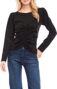 Karen Kane Faux Suede Shirred Long Sleeve Top