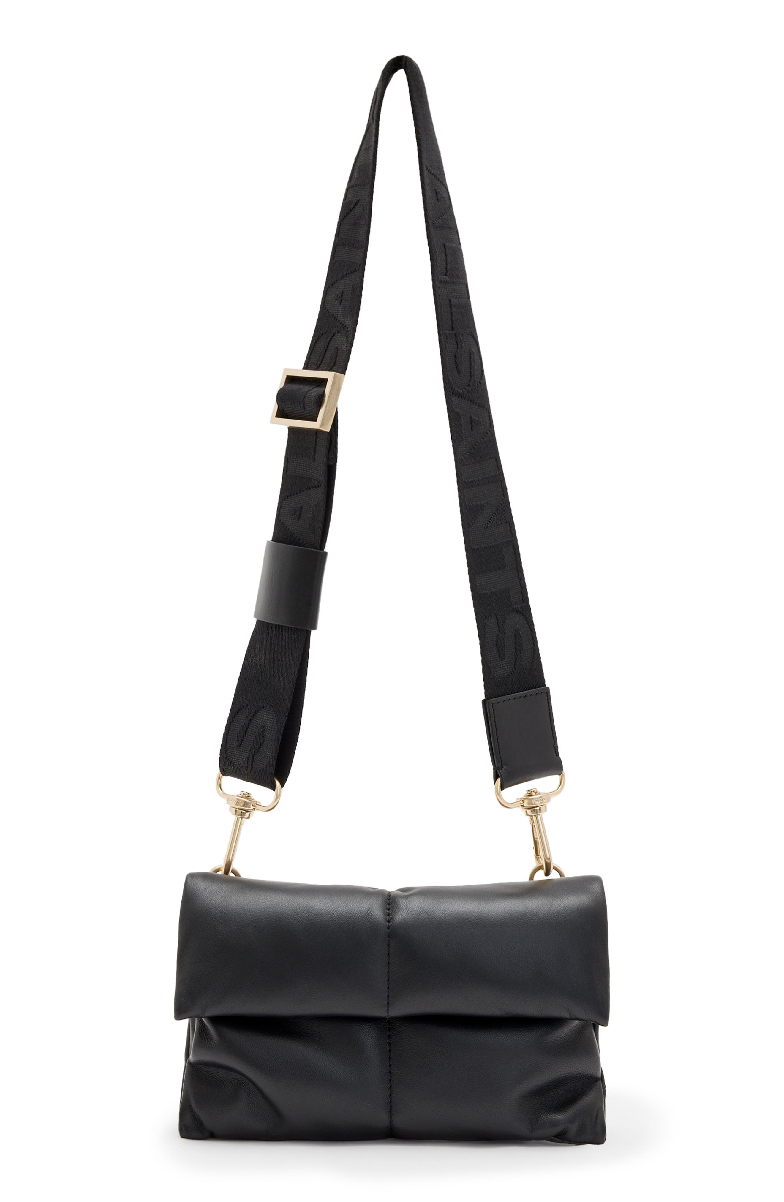 AllSaints Ezra Logo Strap Leather Crossbody Bag, Main, color, 