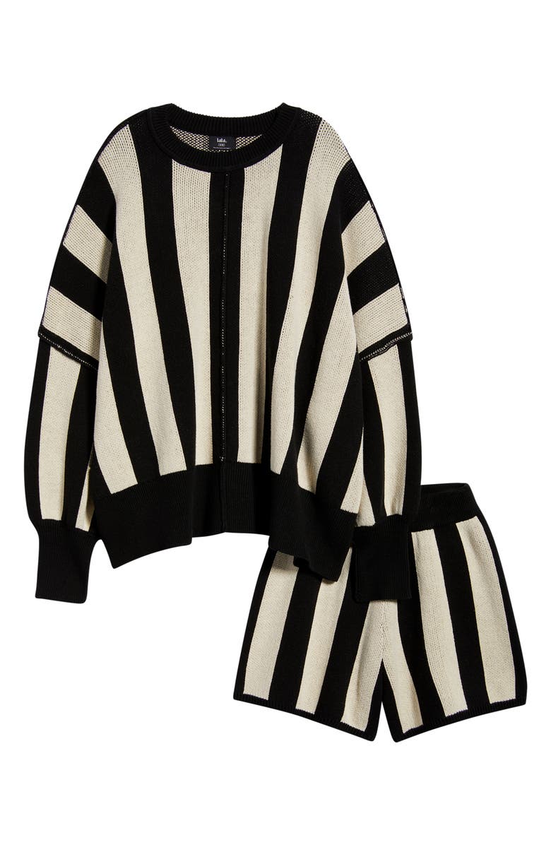 Dressed in Lala Start A Revolution Stripe Sweater & Shorts, Alternate, color, Black/ Ivory Stripes