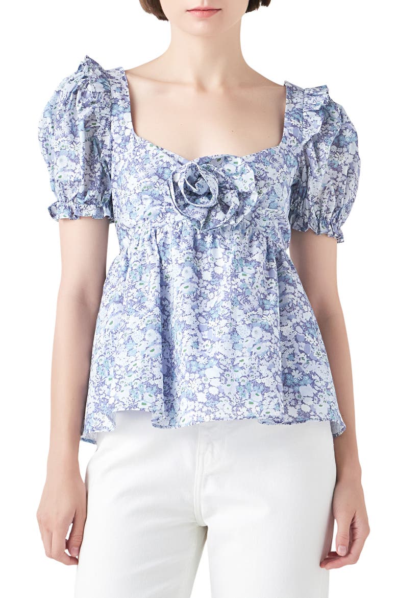 Floral Print Cotton Top, Main, color, BLUE MULTI