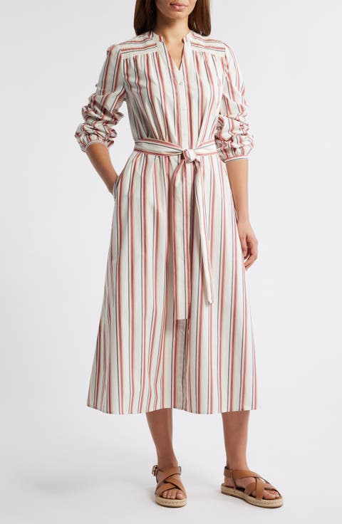 Smocked Shoulder Long Sleeve Cotton Midi Dress