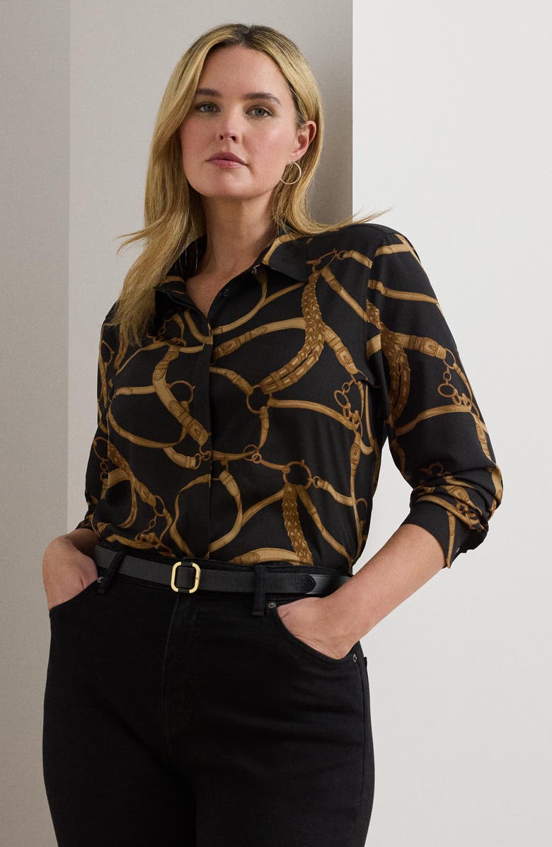 Lauren Ralph Lauren Belting Print Classic Fit Crepe Button-Up Shirt, Alternate, color, Black/ Tan