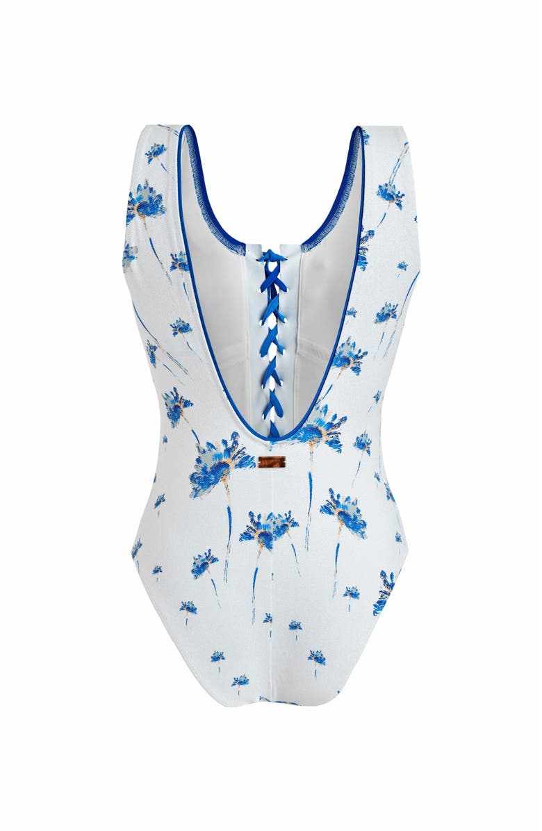 Vilebrequin Women's Herbier Shiny Jersey Lace-Up One-Piece Swimsuit, Alternate, color, Off-White