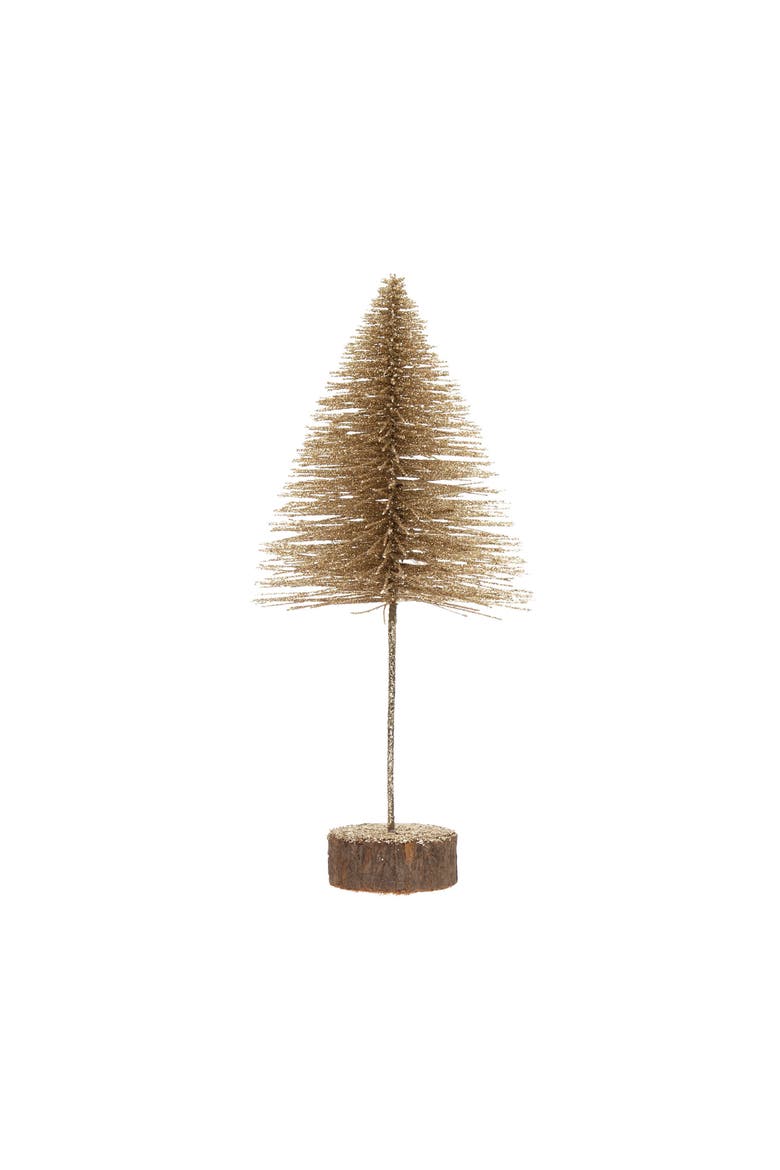 Plastic Bottle Brush Tree with Glitter & Wood Slice Base, Champagne, Main, color, Champagne