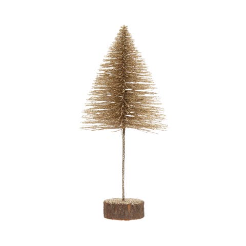 Plastic Bottle Brush Tree with Glitter & Wood Slice Base, Champagne